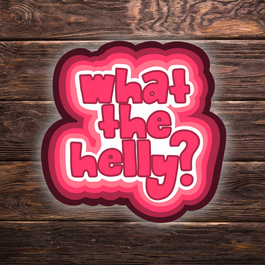 what the helly sticker, retro aesthetic sticker, pink vinyl decal, bubble font sticker, funny cute sticker, chaotic girl humor, water-resistant sticker, Gen Z stickers, girly sticker, emotional support sticker, trendy sticker, funny pink decal, relatable sticker, soft but unhinged energy