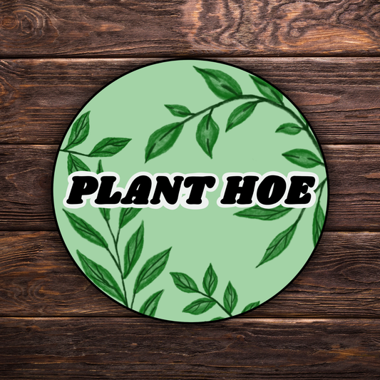 plant hoe sticker, hand-drawn plant lover decal, funny garden sticker, vine circle vinyl sticker, water-resistant laptop sticker, quirky plant parent gift, botanical humor sticker, cute gardener sticker, nature lover vinyl decal, hydroflask sticker, earthy aesthetic sticker, plant parent humor, handmade plant decal, trendy plantcore sticker, funny gardening gift