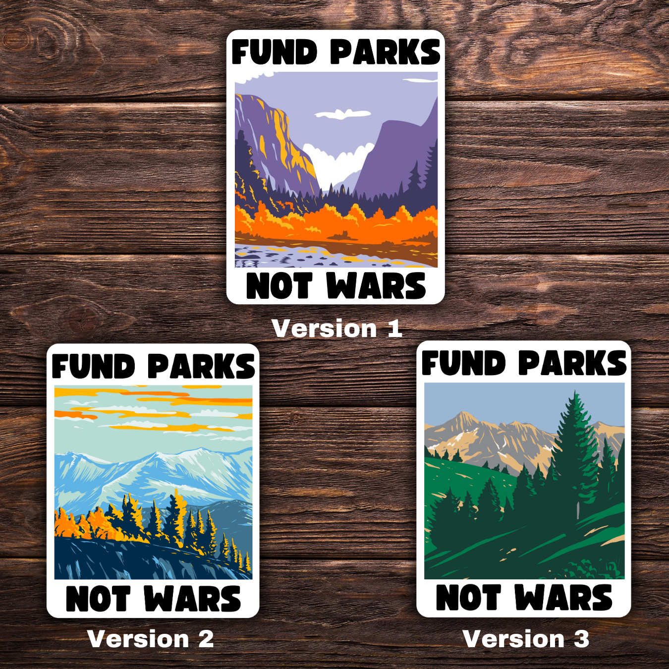anti-war sticker, national parks sticker, progressive decal, fund parks not bombs, peace sticker, environmental activism, anti-military budget, leftist politics, water-resistant sticker, scenic protest sticker, nature over conflict, anti-imperialist sticker, public lands supporter, protest art sticker