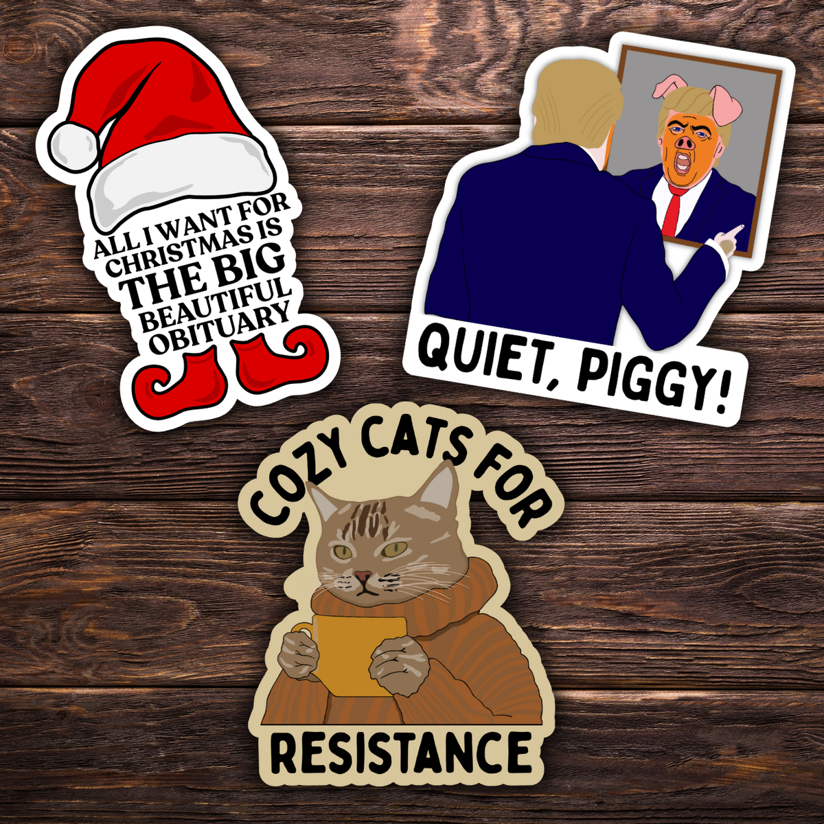 political sticker, protest art decal, leftist vinyl sticker, resistance merch, activist sticker pack, political humor sticker, anti authoritarian art, progressive vinyl decal, cozy resistance cat sticker, protest cat art, political christmas sticker, dark humor holiday decal, satire sticker, subversive art sticker, meme protest sticker, liberal gift idea, indie political art, resistance movement merch, political street art, social justice decal, modern protest art, progressive merchandise