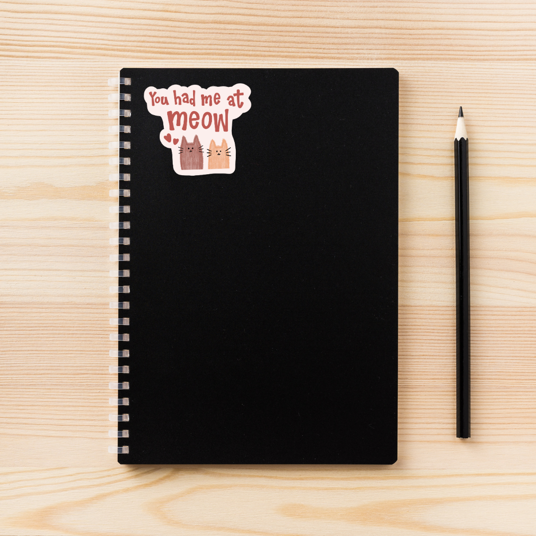you had me at meow sticker, cat pun sticker, kitty vinyl decal, cute cat lover gift, pet sticker, animal lover sticker, funny cat sticker, meow sticker, cat aesthetic, cat mom, cat dad, laptop sticker, water-resistant sticker, feline humor, punny animal sticker, whiskers sticker, small business cat gift, cat-themed decor
