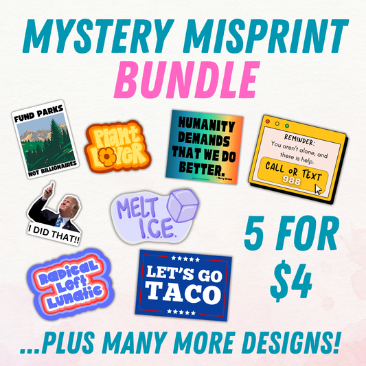 mystery sticker pack, misprint sticker bundle, flawed vinyl decals, imperfect sticker sale, discount sticker grab bag, random sticker set, quirky sticker pack, eco-friendly sticker reuse, mystery sticker bundle, slightly imperfect stickers, funny miscut stickers, sticker factory seconds