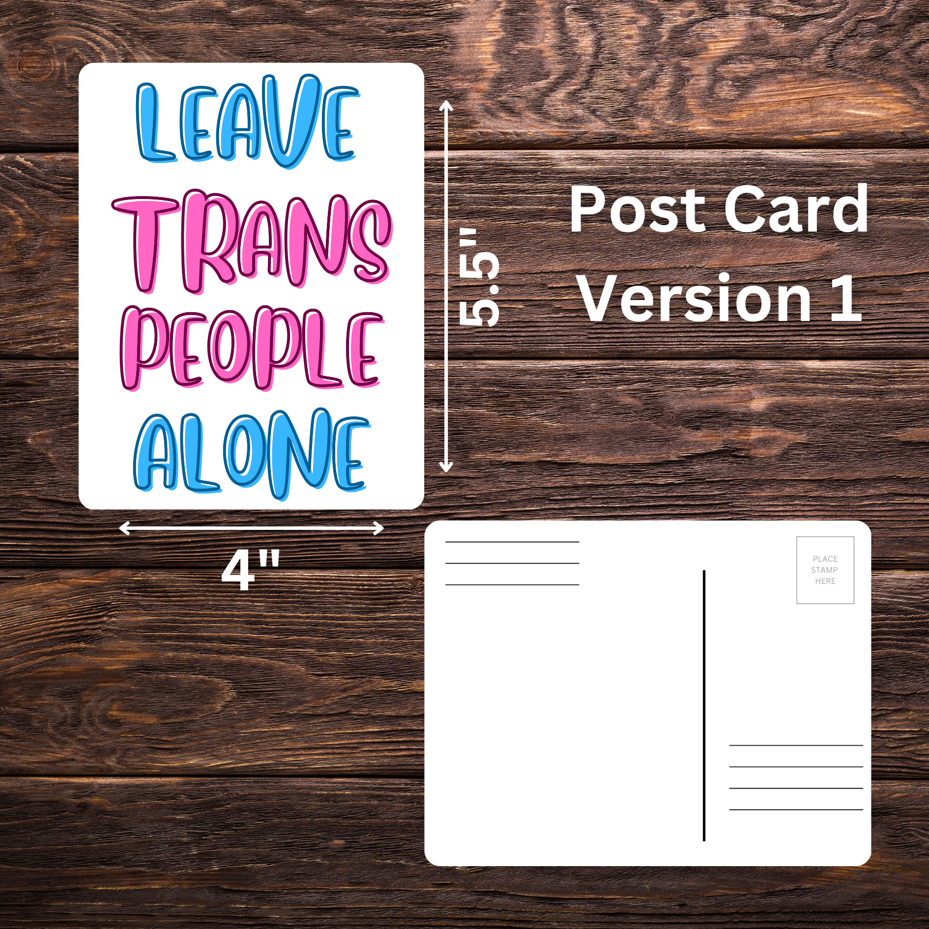 trans rights postcard, leave trans people alone, LGBTQ+ activism, political mail art, advocacy postcard, protest mailer, trans ally, pride mail, equality postcard, trans flag design, send to officials, queer rights postcard, resistance stationery, mail-in protest