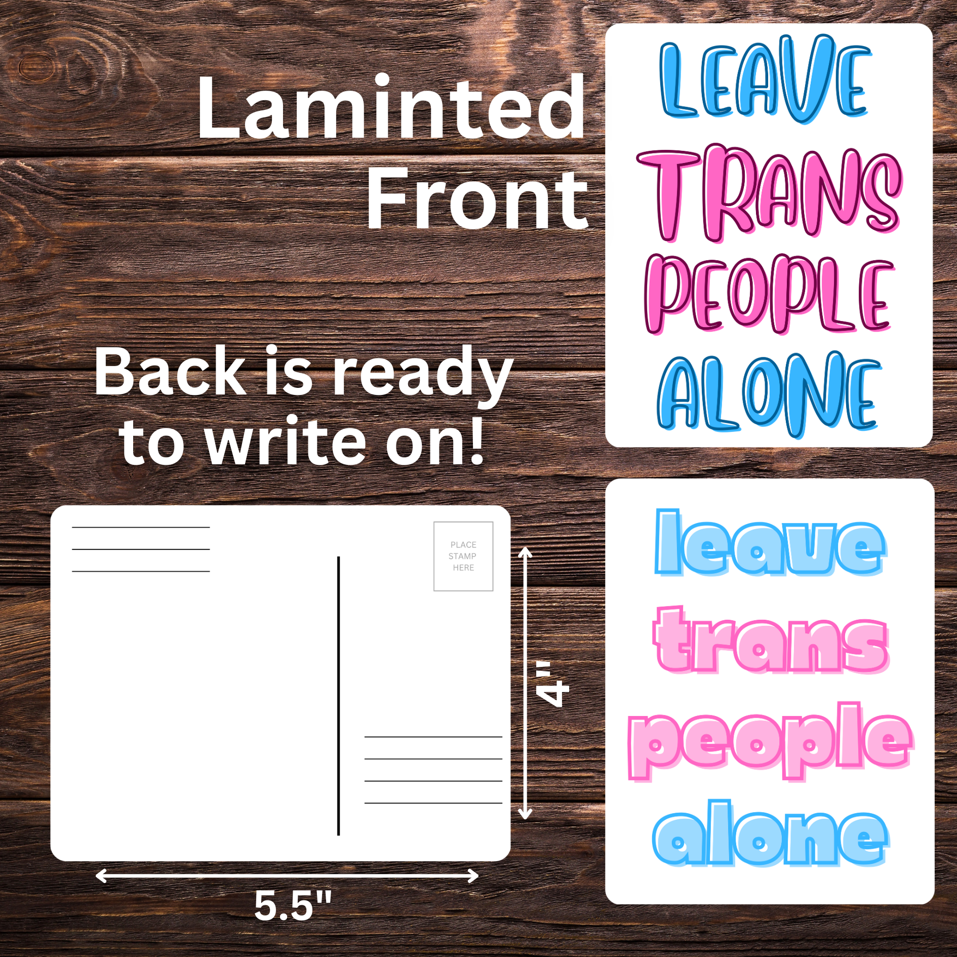 trans rights postcard, leave trans people alone, LGBTQ+ activism, political mail art, advocacy postcard, protest mailer, trans ally, pride mail, equality postcard, trans flag design, send to officials, queer rights postcard, resistance stationery, mail-in protest
