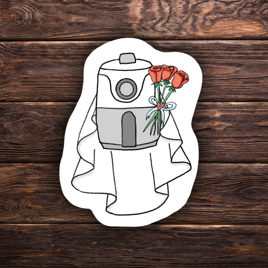Air fryer wedding sticker, funny kitchen decal, hand-drawn cooking sticker, quirky foodie humor sticker, novelty vinyl decal, water-resistant laptop sticker, playful chef gift, bride air fryer sticker, cute kitchen lover decal, hydroflask sticker, foodie humor gift, unique wedding themed sticker, sarcastic cooking sticker, handmade vinyl decal, quirky appliance sticker