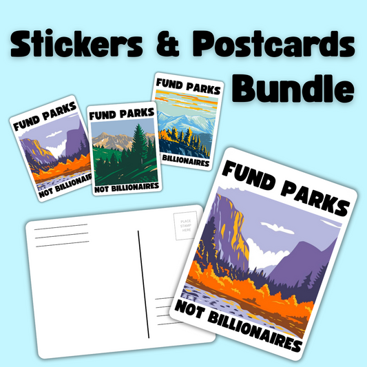 fund parks not billionaires, political sticker bundle, nature activism, anti-billionaire art, park funding campaign, national parks postcard, anti-capitalist sticker set, progressive sticker pack, environmental justice gifts, protest stationery set, resist billionaires, public lands advocacy