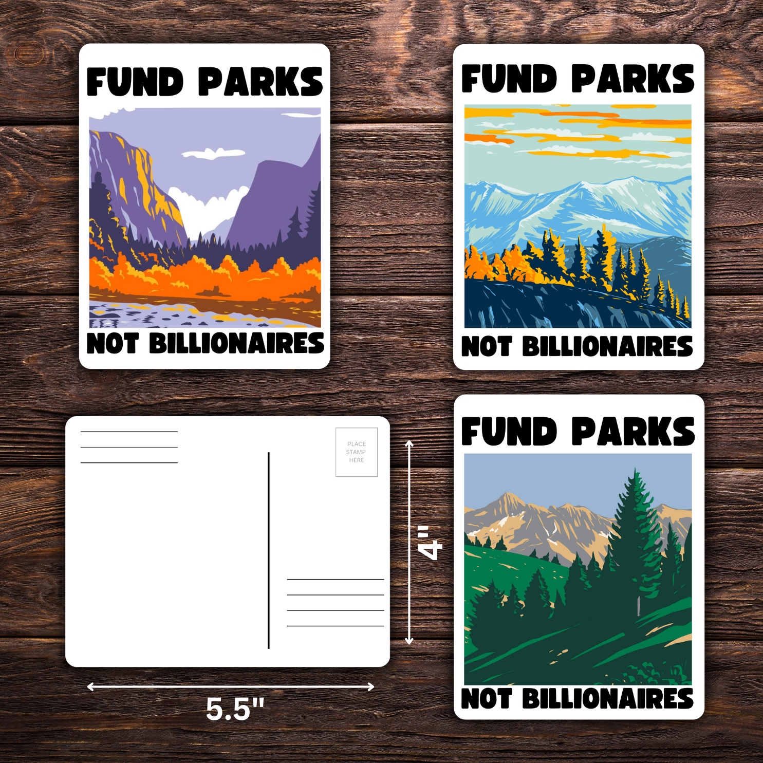fund parks not billionaires postcard, environmental activism mailer, anti-billionaire card, climate change advocacy postcard, progressive protest mail, eco-friendly stationery, national park lover card, water bottle sticker alternative, green activism postcard, tax the rich mailer, political advocacy postcard, nature conservation mail, send to officials postcard, pro-environment card, activism stationery