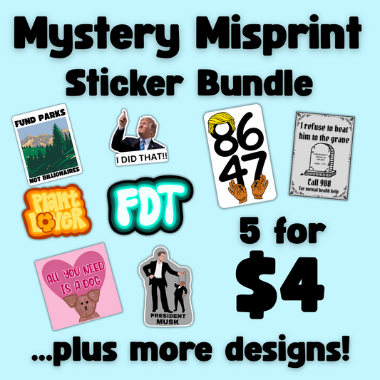 mystery sticker pack, misprint sticker bundle, flawed vinyl decals, imperfect sticker sale, discount sticker grab bag, random sticker set, quirky sticker pack, eco-friendly sticker reuse, mystery sticker bundle, slightly imperfect stickers, funny miscut stickers, sticker factory seconds