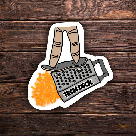 Funny skateboard sticker, cheese humor, Tech Deck meme, skater gift, punny vinyl decal, water-resistant sticker, laptop sticker, bumper sticker, foodie humor, skateboard aesthetic, grunge skater, meme sticker, streetwear sticker.